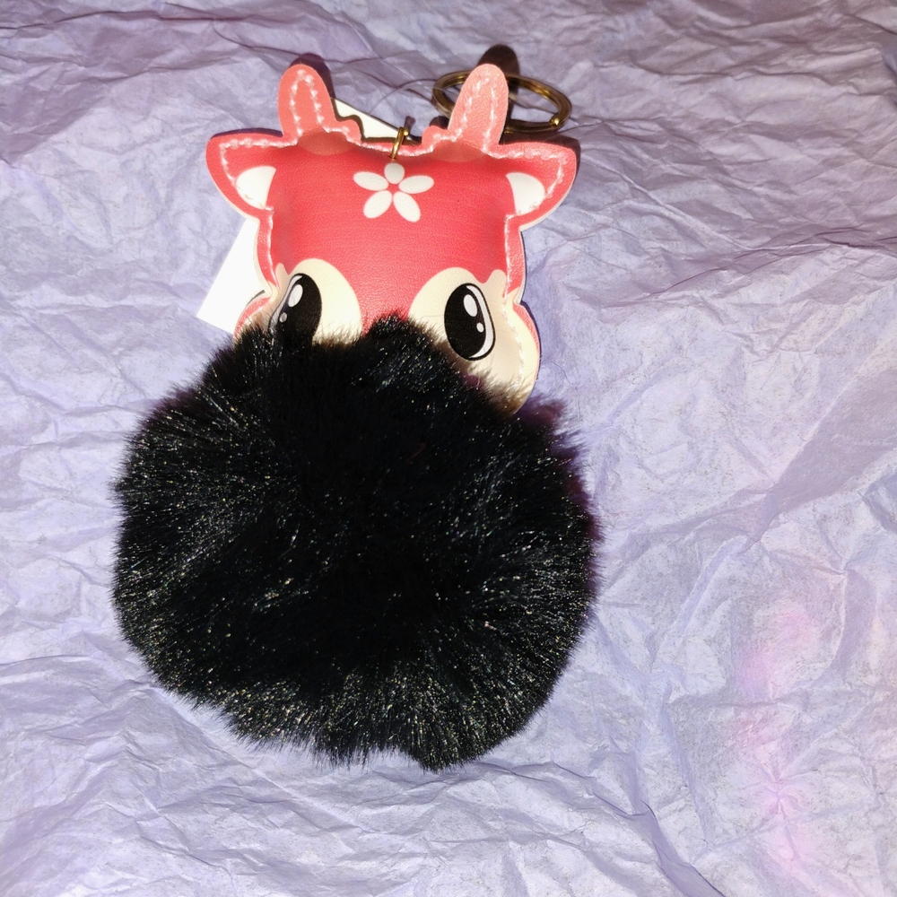 Source Unknown Pink Deer Pom-Pom Keychain with Black Fur Accent